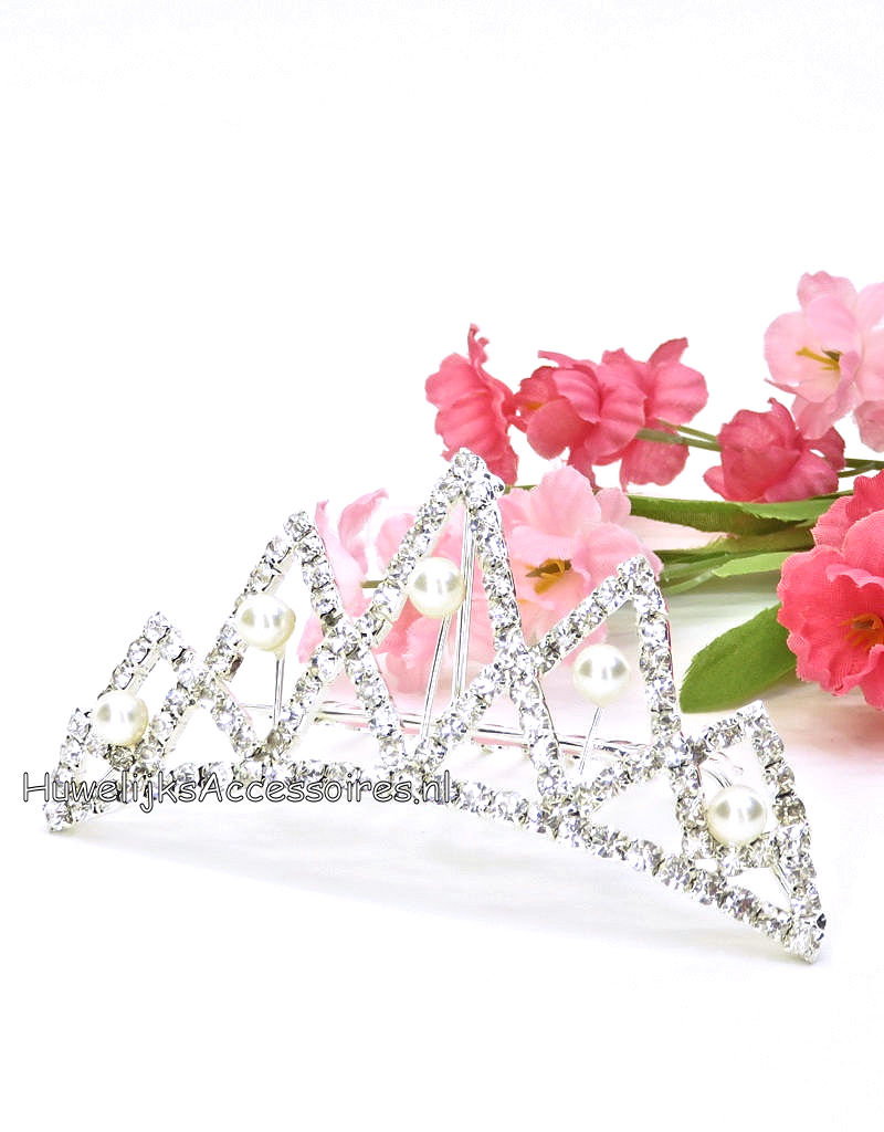 Schitterende strass en parel bruids tiara kam