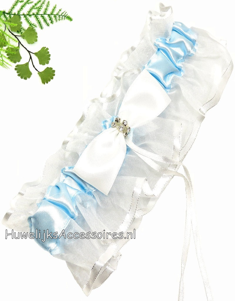Blauw en wit bruid kousenband met witte strik