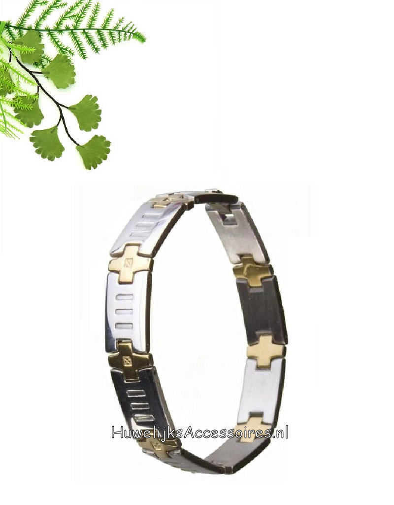 Zilver en goud gekleurde RVS schakel armband