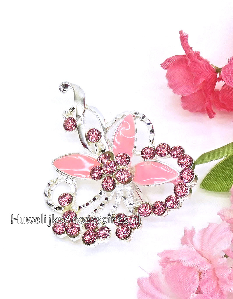 Zilveren gekleurde broche met roze geëmailleerde bloemblaadjes