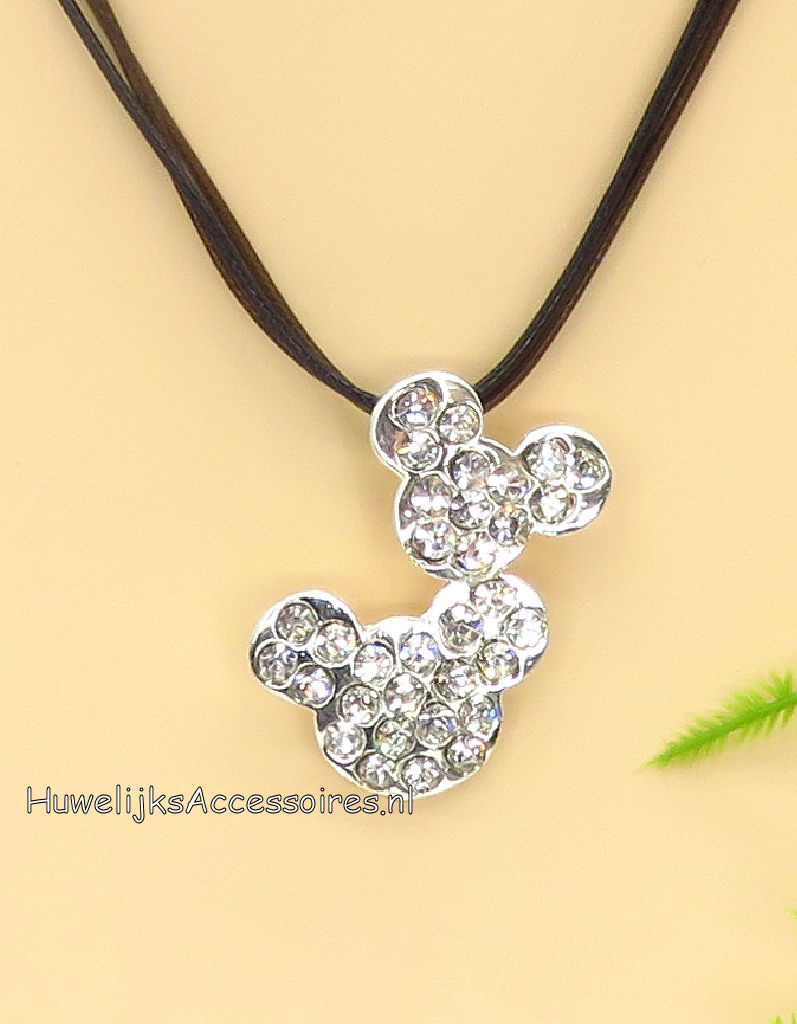 Disney Mooie halsketting met leren koord met strass mickey icon pendant