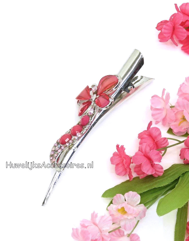 Zilver duckklem gedecoreerd met roze stenen & strass stenen