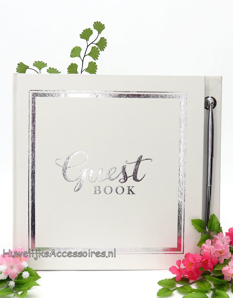 Bruiloft gastenboek met zilveren pen in een bewaar doos