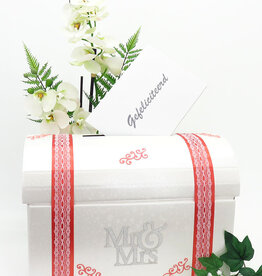 Mr & Mrs enveloppendoos versierd met koraal en zilver