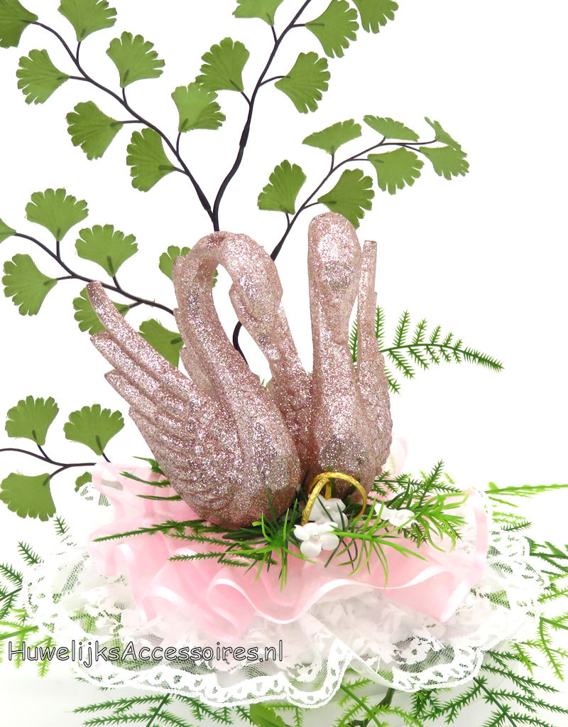 Prachtige roze zwanen paar trouw taarttopper