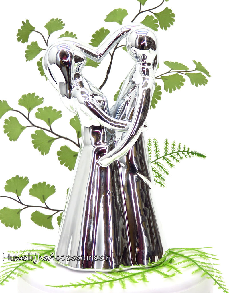 Schitterende zilver bruidspaar trouwtaart topper met grote hart