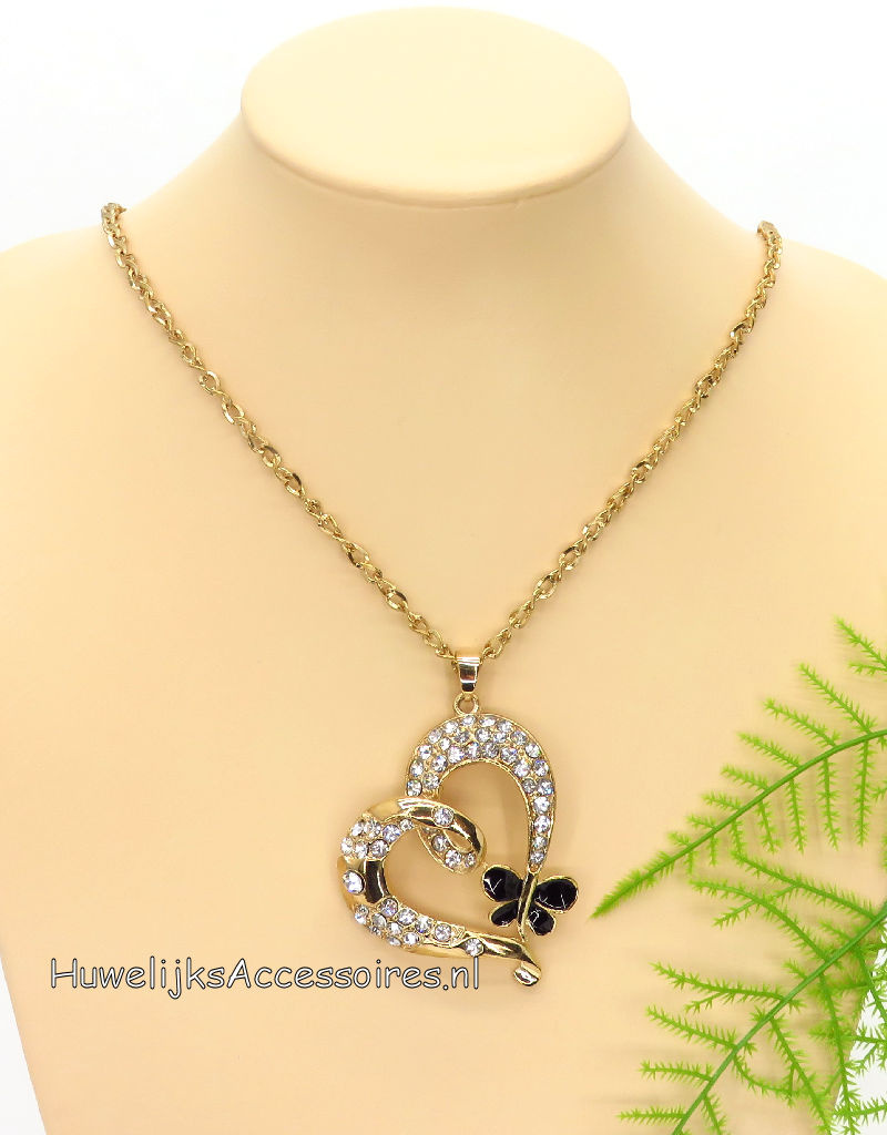 Gouden halsketting met een mooie strass hart pendant