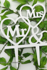 Wit hout 'Mr & Mrs' bruiloft taarttopper met pinnen