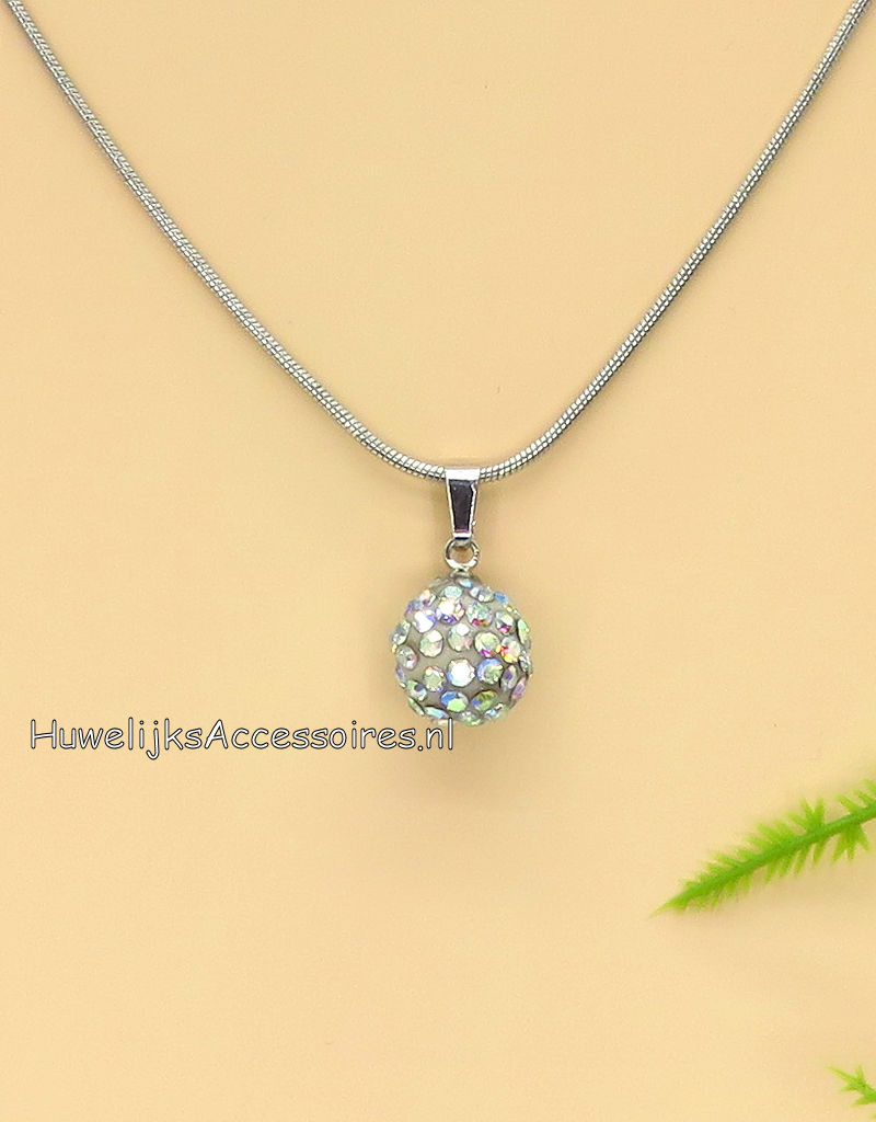 Zilveren halsketting met strass bal pendant met AB glans