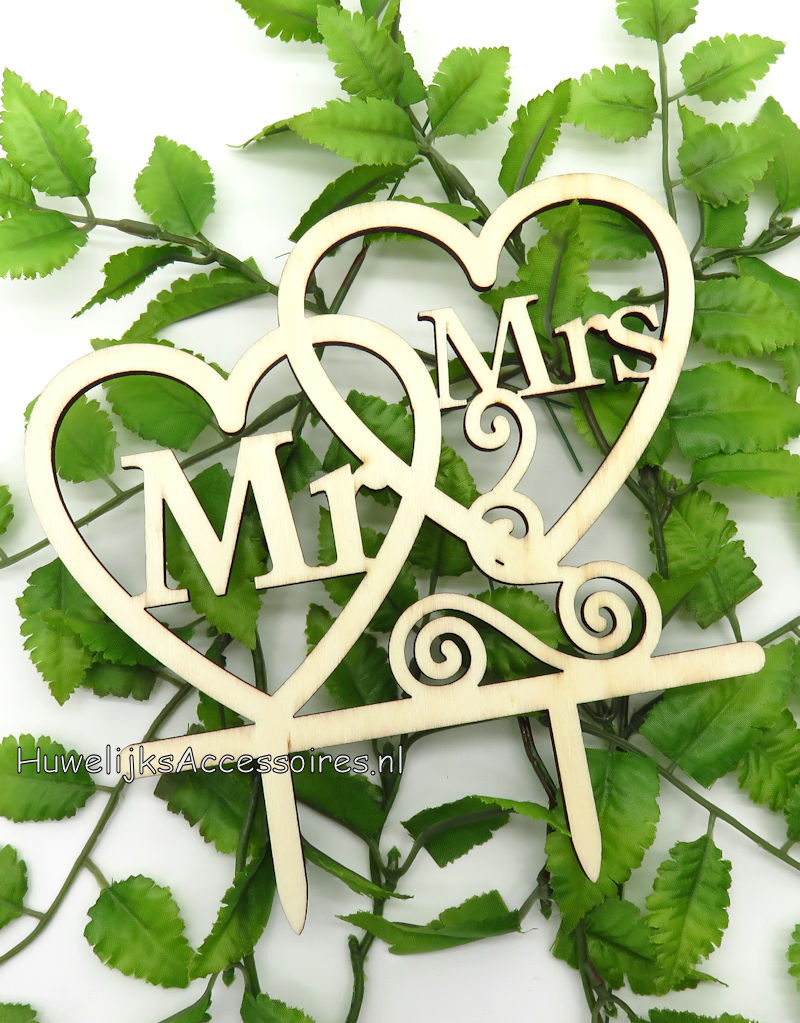 Blank hout 'Mr & Mrs' bruiloft taarttopper met pinnen