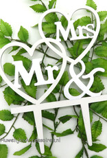 Wit en zilver hout 'Mr & Mrs' bruiloft taarttopper met pinnen