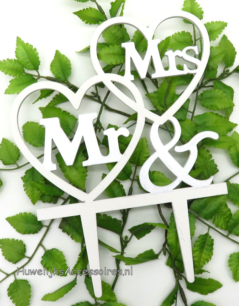 Wit en zilver hout 'Mr & Mrs' bruiloft taarttopper met pinnen