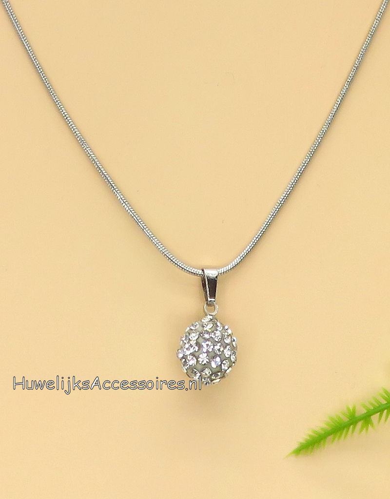 Zilveren halsketting met strass steen bal pendant