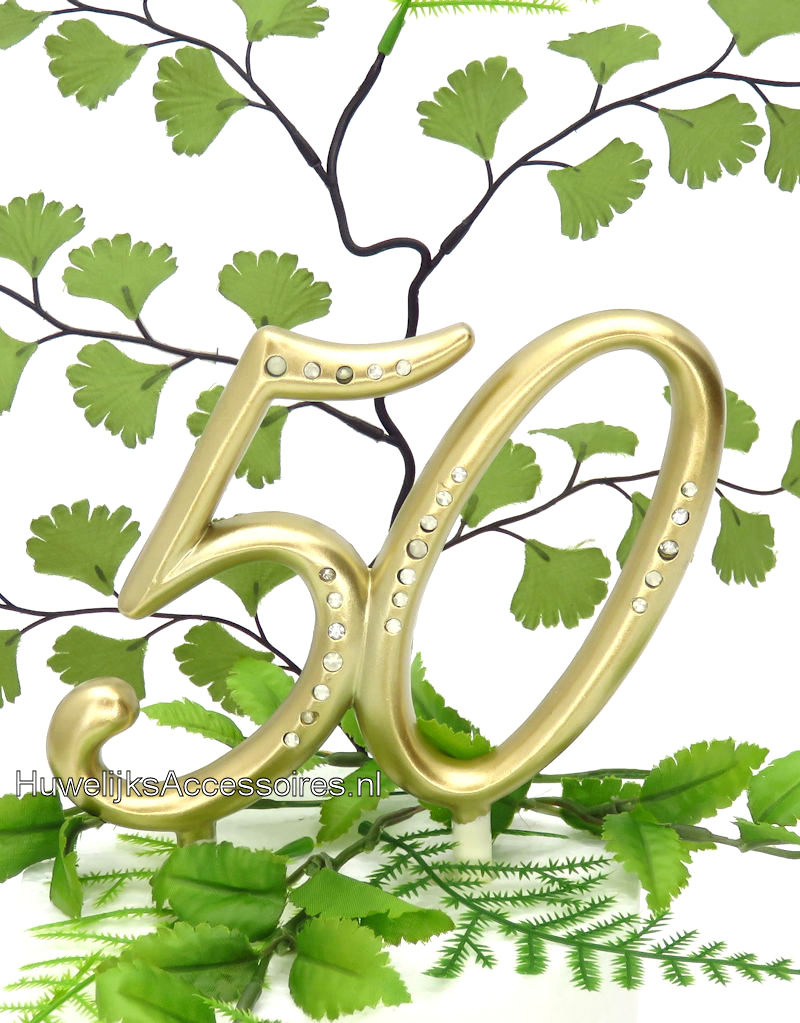 Gouden '50' jubileum taarttopper met strass stenen met pinnen