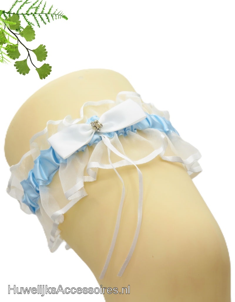 Blauw en wit bruid kousenband met witte strik en stras stenen