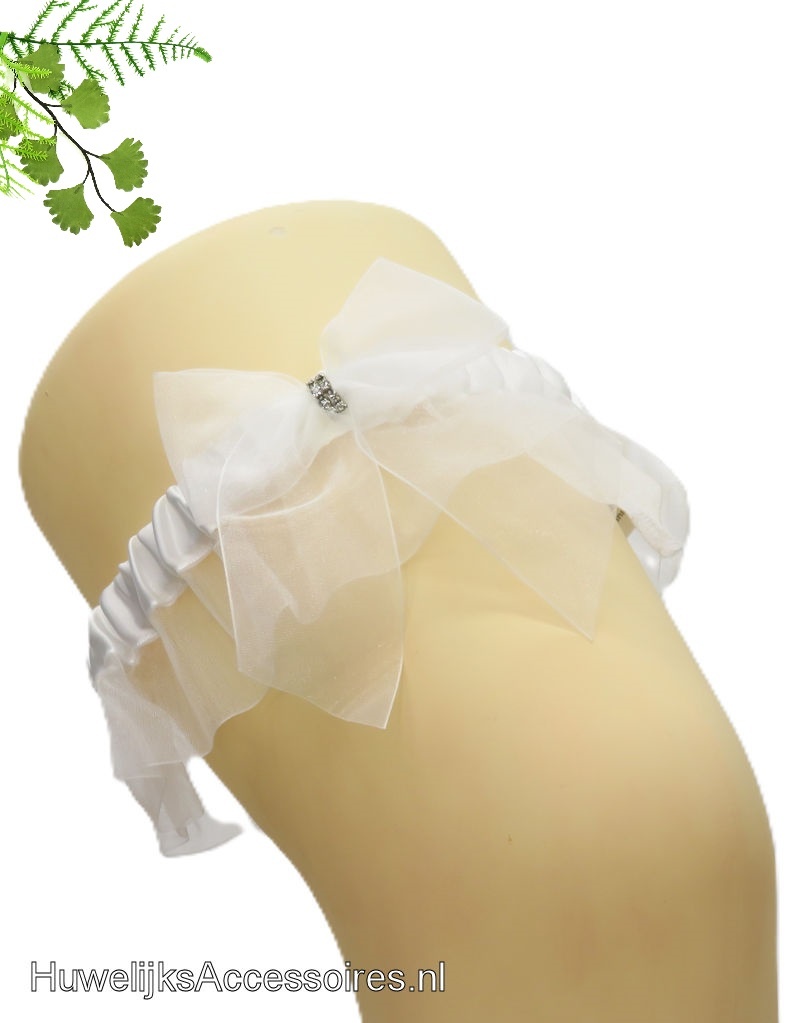 Witte organza en satijn bruids kousenband met strass stenen