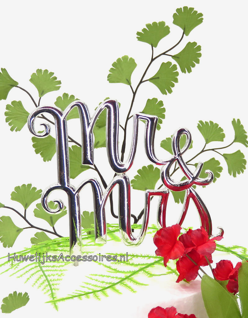 Zilver 'Mr & Mrs' bruiloft taarttopper met pinnen