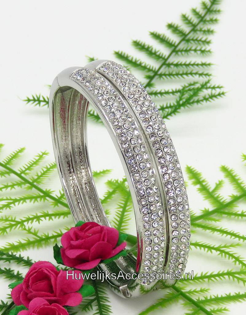 Slavenarmband dubbel zilver gekleurd met strass steentjes