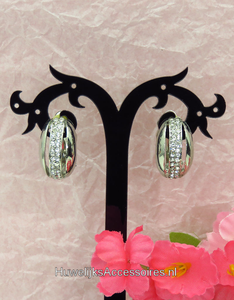 Zilver met strass steentjes clip oorbellen