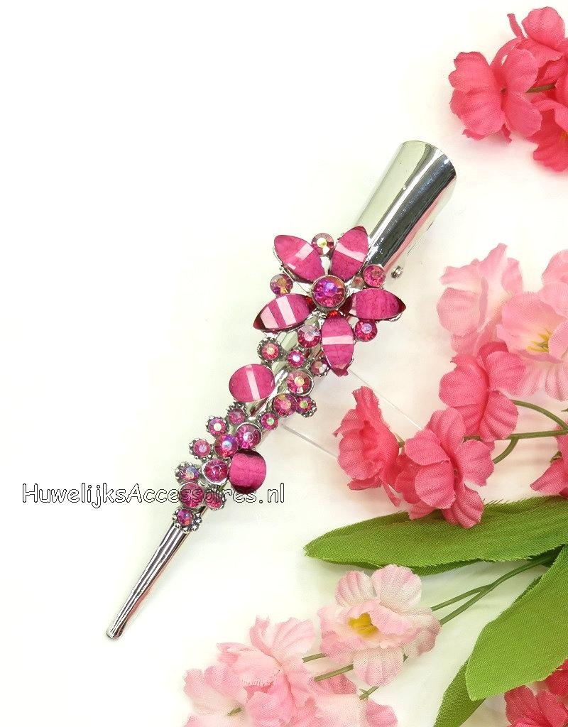 Zilver duckklem gedecoreerd met roze stenen & strass stenen