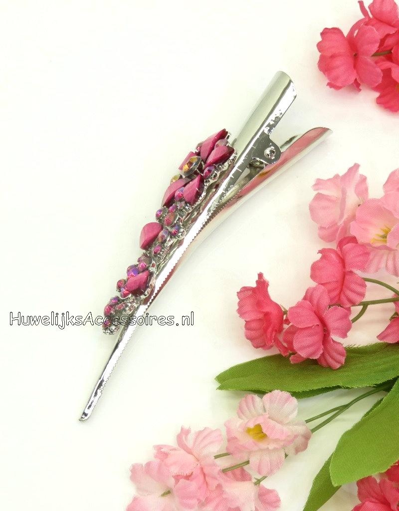 Zilver duckklem gedecoreerd met roze stenen & strass stenen