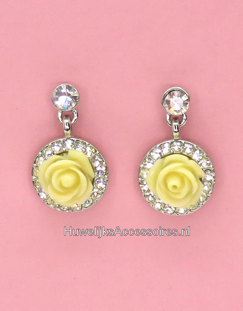 Prachtige zilver strass stenen met vanille roos oorbellen