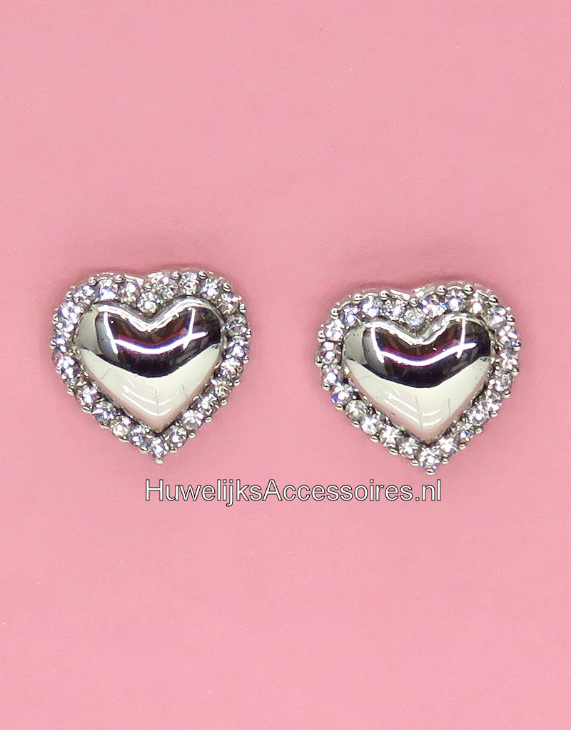 Prachtige zilveren hart met strass stenen oorstekers