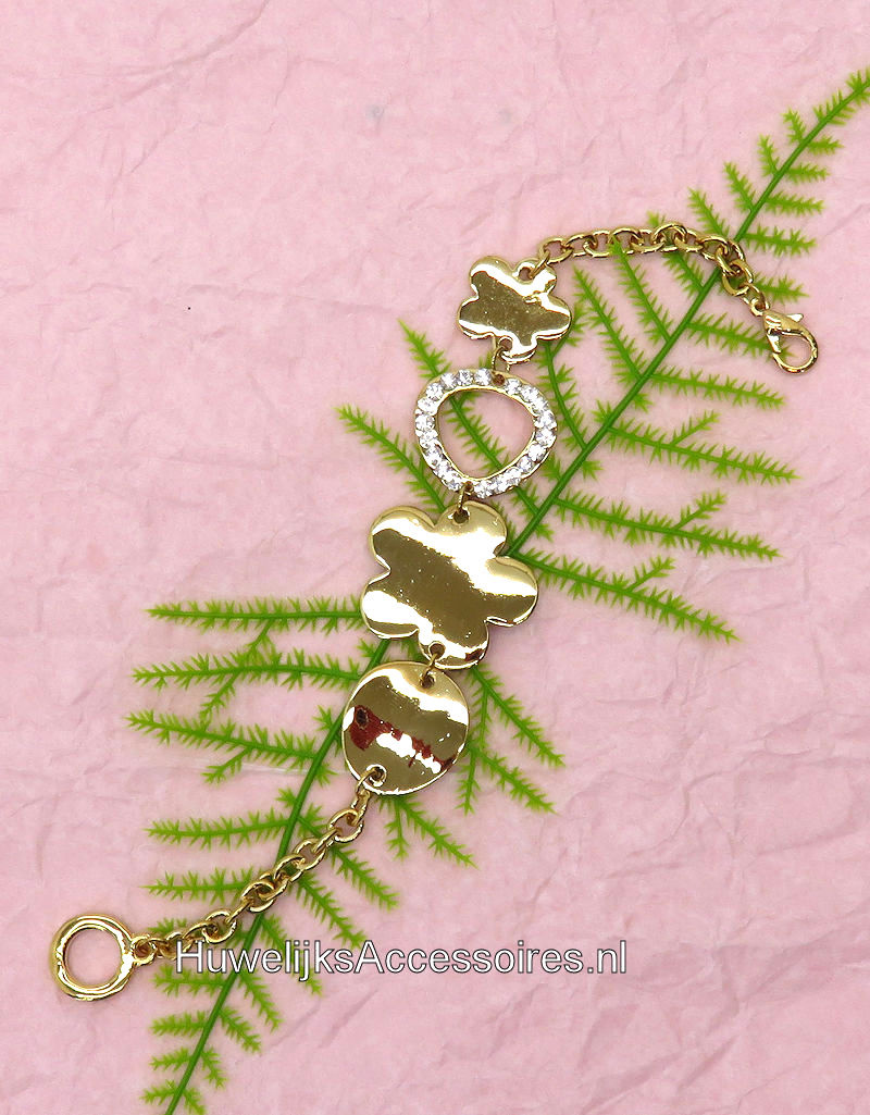 Goud armband met 2 bloemen en strass stenen