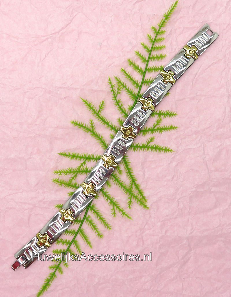 Zilver en goud gekleurde RVS schakel armband