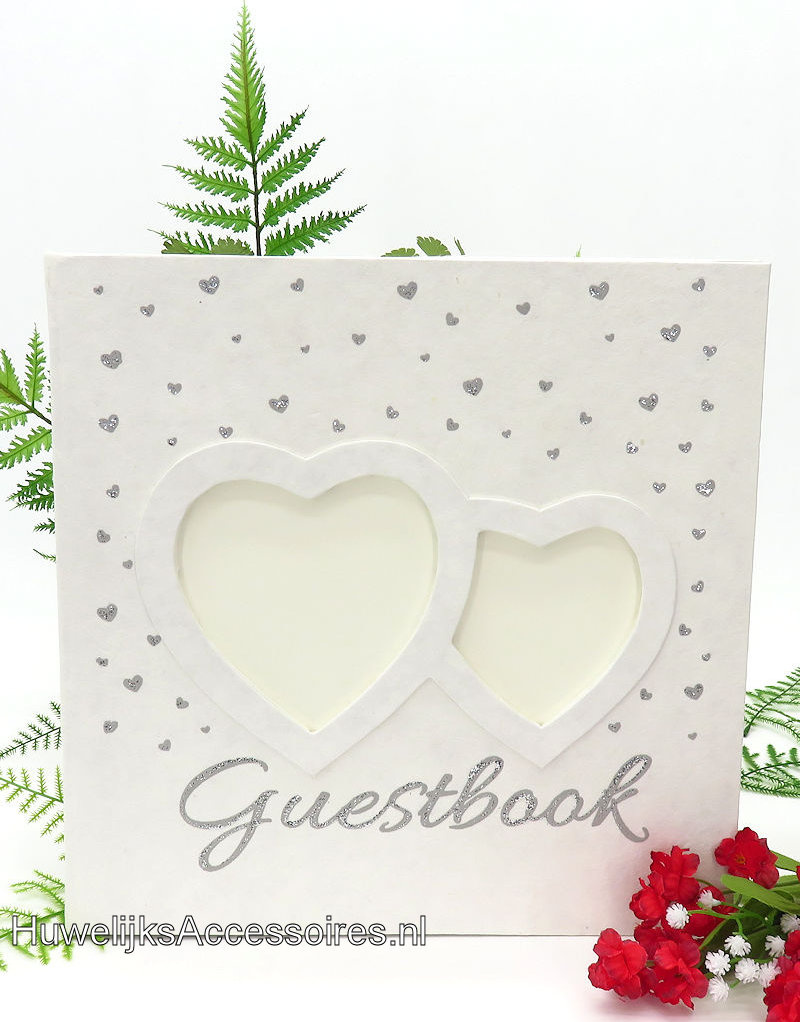 Gastenboek met zilver hartjes geprint en een fotolijst