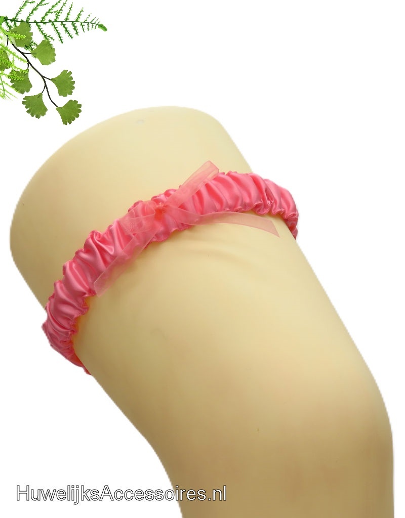 Koraal satijn bruids kousenband met strik