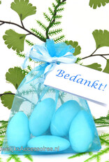 Mooie blauw organza zakje met bruidssuiker