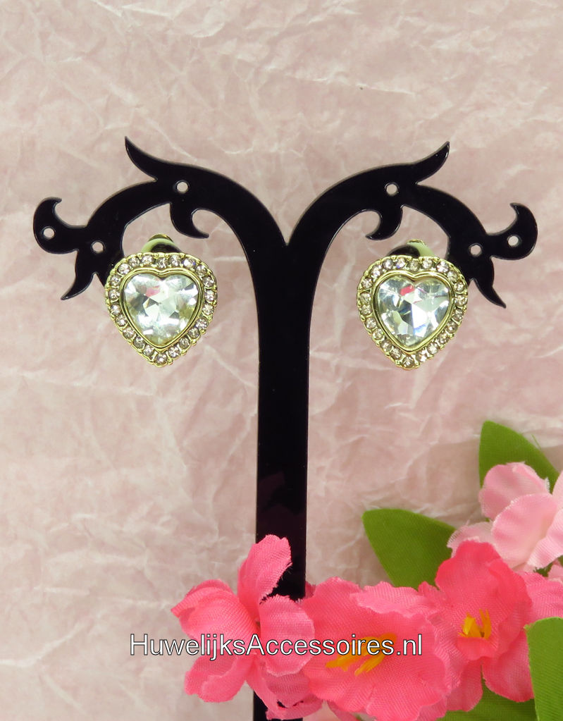 Gouden strass hartjes clip oorbellen