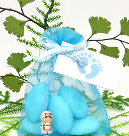 Blauw organza zakje met doopsuiker en geluksbaby jongen