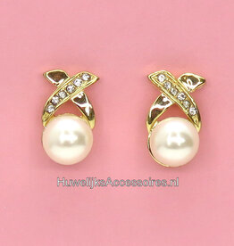 Goud gekruist oorbellen met strass en parel