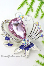 Hele mooie broche versierd met paars en wit geëmailleerd  bloemen