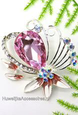 Hele mooie broche versierd met roze en wit geëmailleerd  bloemen