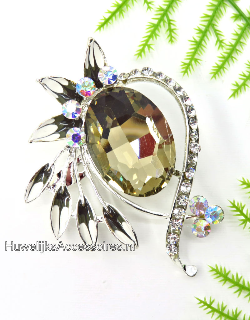 Prachtige broche versierd met bruin en wit geëmailleerd  bloem bladeren