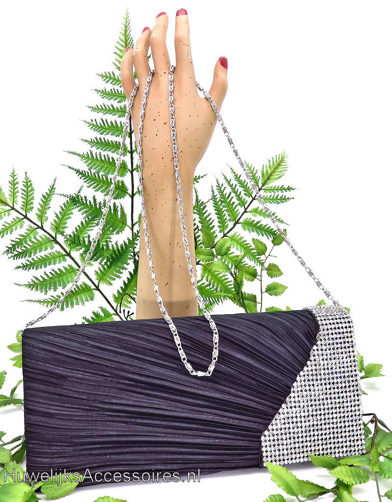 Zwarte luxe avond bruidstasje met strass steentjes