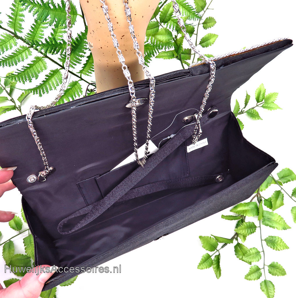 Zwarte luxe avond bruidstasje met strass steentjes