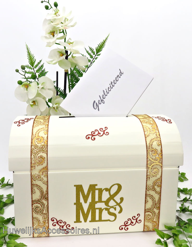 Mr & Mrs bruiloft enveloppe box versierd met goud, koper en brons