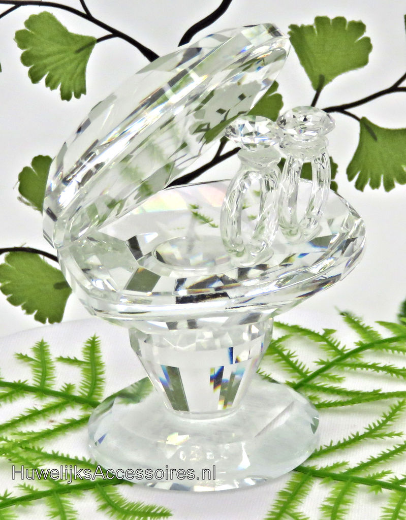 Kristallen oesterschelp met 2 ringen op pedestal