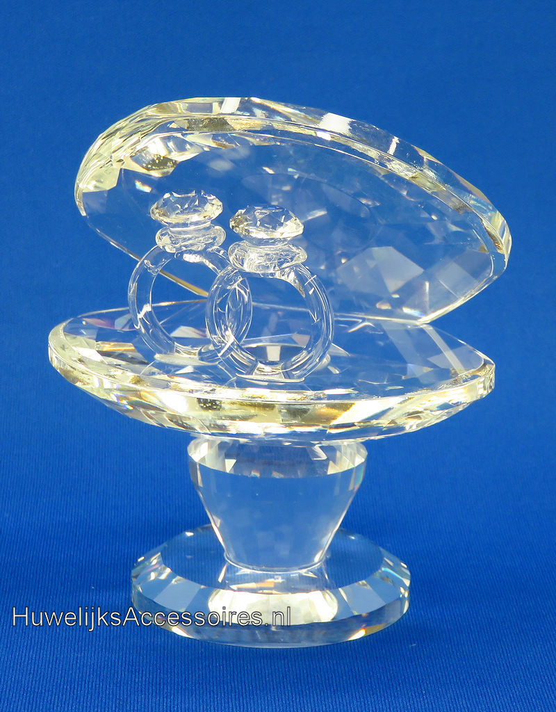 Kristallen oesterschelp met 2 ringen op pedestal
