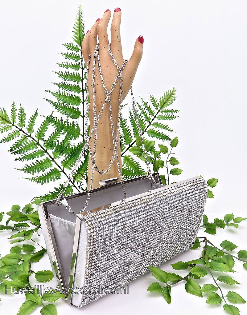 Zeer luxe zilverkleurig clutch box met strass steentjes