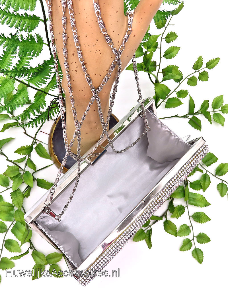 Zeer luxe zilverkleurig clutch box met strass steentjes