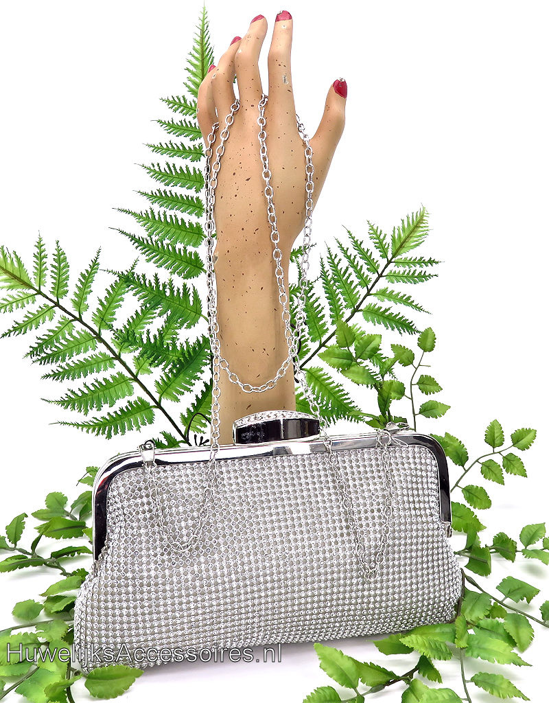 Mooie fonkelende zilverkleurige bruidstasje met strass stenen