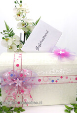 Schitterende crème enveloppendoos met wit, roze, lila lint