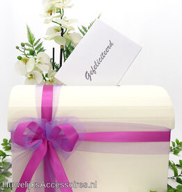 Ivoor enveloppendoos met lila en azalea lint