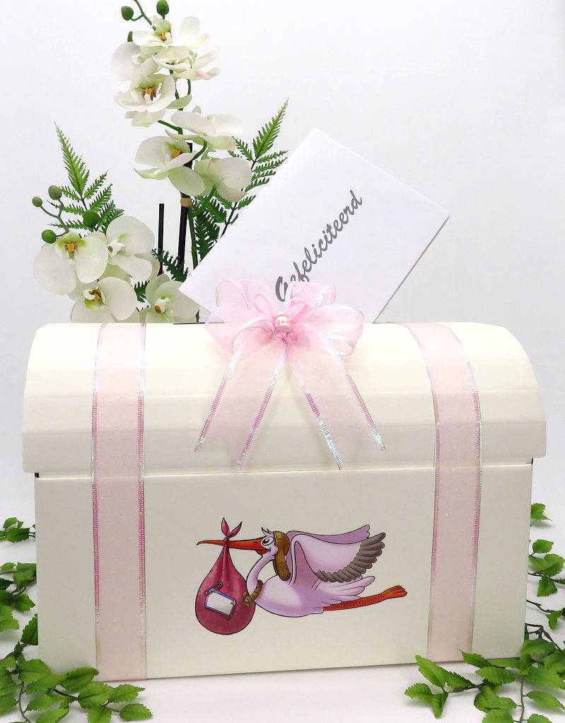 Roze Ooievaar - Baby Shower enveloppendoos