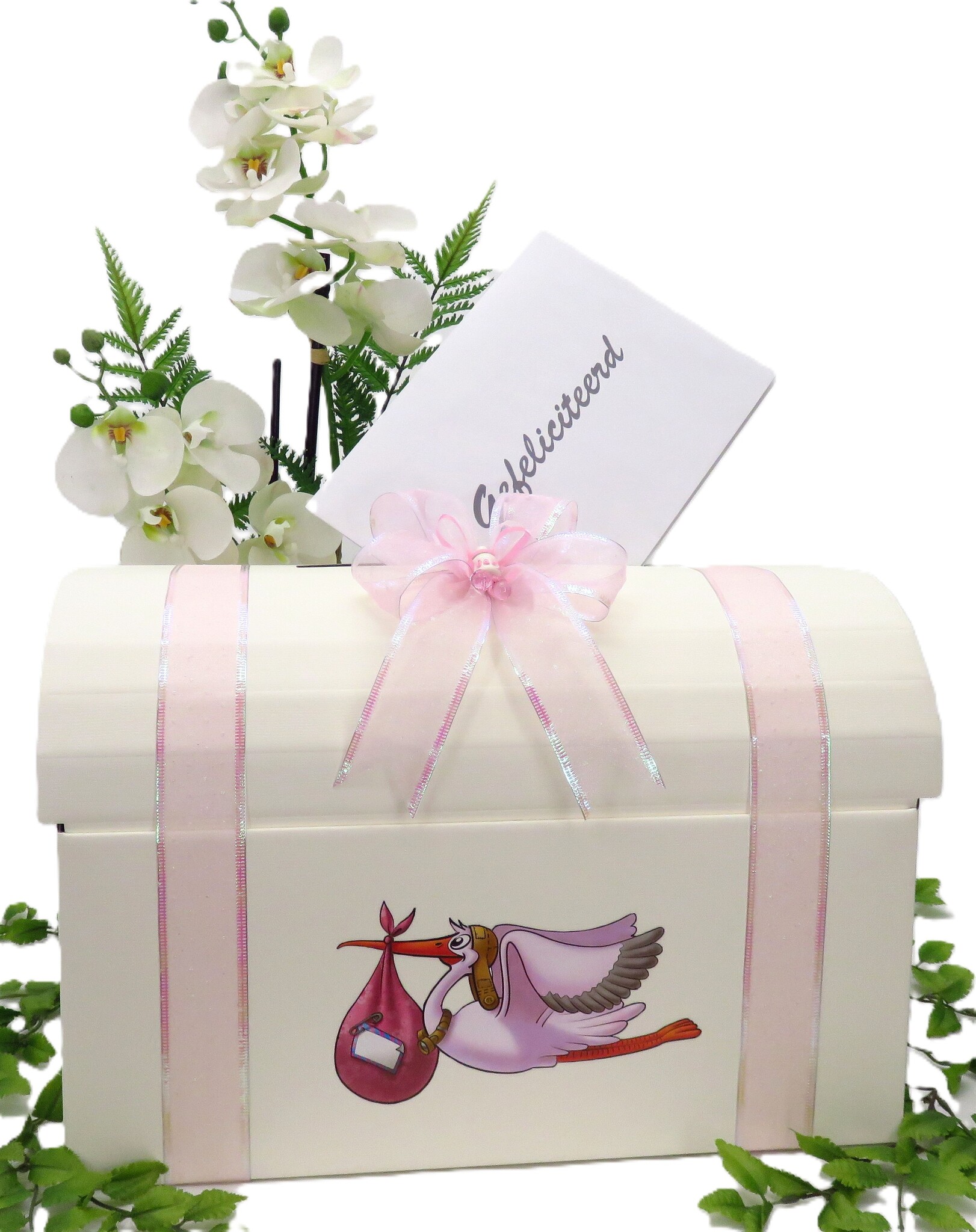 Roze Ooievaar - Baby Shower enveloppendoos